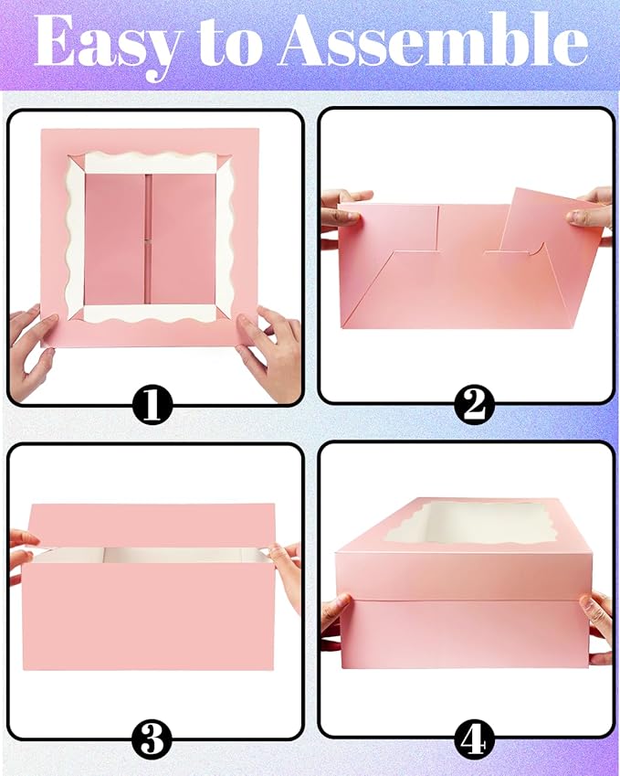 Bakepacker 12x12x8 Cake Box, 18 Sets Pink Cake Box with Window ＆ 18 Sets 12" Cake Round Boards, 12inch Cake Containers, 10 Meters Silk Ribbon