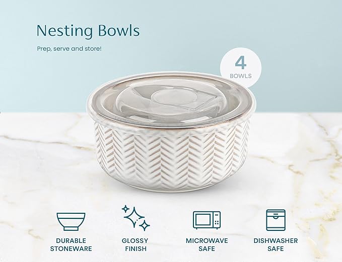 KooK Mixing Bowls, with Lids, Ceramic Nesting Bowls. Space Saving, Set of 4, Embossed, Kitchen, Prep, Stackable, Mix, Gift, Microwave and Dishwasher Safe, 16/29/47/70 oz, Narbonne Collection (Ivory)