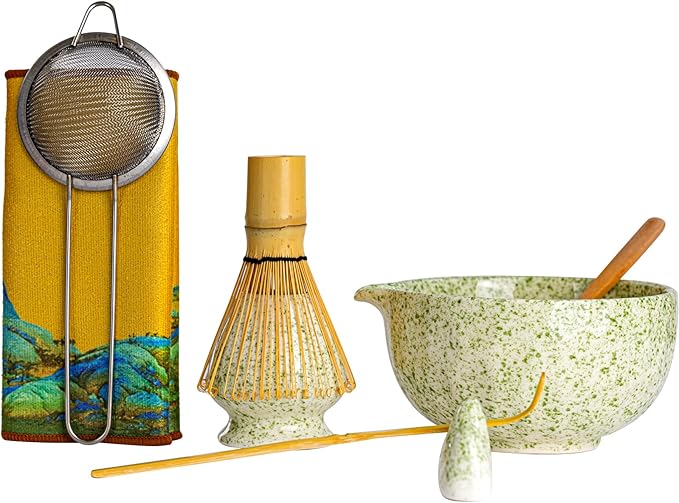 Japanese Matcha Whisk Set,Ceramic Matcha Set Includes Bowl with Spout,Matcha Sifter, Bamboo Whisk and Holder for Matchas Tea,2 Bamboo Scoop, Scoop Rest,Tea Towel -8 Pcs Kit Gift for Matcha Lovers