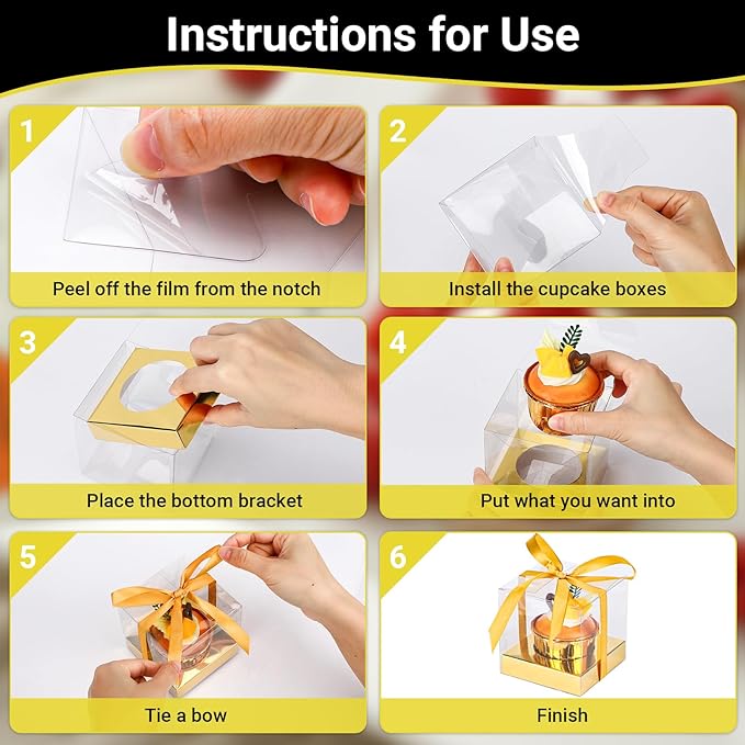 EUSOAR Disposable Clear Cupcake Containers, 50pcs 3.5 Inch Plastic Individual Cupcake Carrier with Ribbon and Inserts, Single Transparent Cupcake Holder with Lids Storage for Cake Dessert-Gold