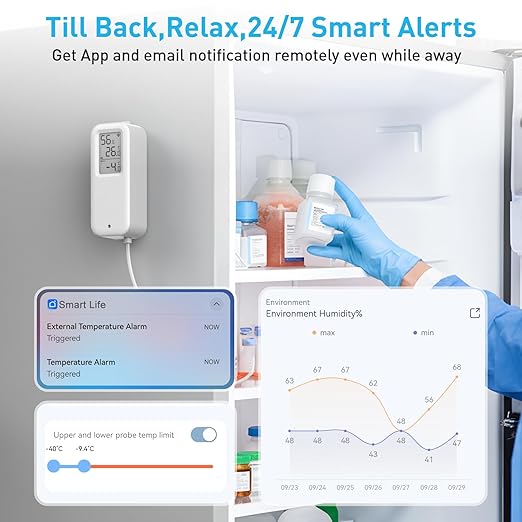Daytech Freezer Thermometer with Room Thermometer and Freezer Alarm 2in1 WiFi Temperature Sensor with App and Email Alerts for Fridge Fish Tank Pet Cage Wine Cellar Greenhouse 1 Pack (No Hub Required)
