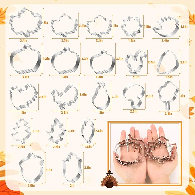 Lezmarket 20Pcs Fall Thanksgiving Cookie Cutters Set, Holiday Cookie Cutters Stainless Steel Baking Supplies for Thanksgiving Cookie Sandwich - Pumpkin Maple Leaf Flower Squirrels Turkey Corn