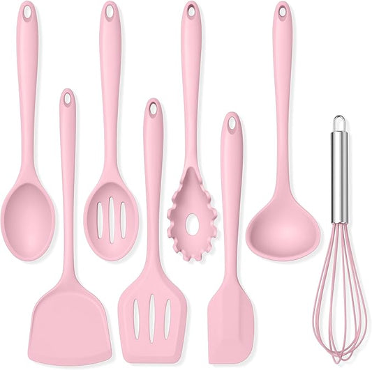 TeamFar 8 PCS Silicone Cooking Utensils - 446°F Heat Resistant Kitchen Silicon Utensils Set, Turner, Spatula, Spoon, Whisk, Kitchen Cooking Gadgets Tools for Nonstick Cookware, Dishwasher Safe-Pink