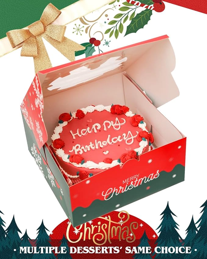 qiqee Christmas 10x10x5 Cake Box, 18 Sets Christmas Cake Box with Window ＆ 18 Sets 10" Santa Cake Round Boards, 10inch Cake Containers