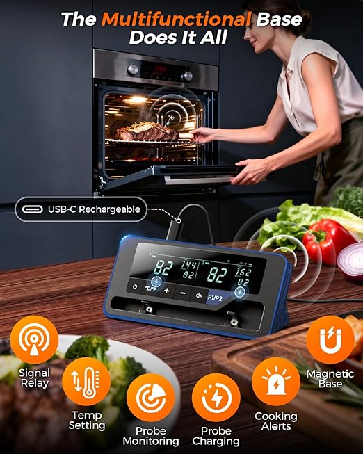 2025 AI Wireless Meat Thermometer, Smart Bluetooth Meat Thermometer Digital, ±0.5°F High Accuracy, Grill Temperature Probe for BBQ, Grilling, Smoker, Oven, Cooking, Air Fryer, 1 Probe