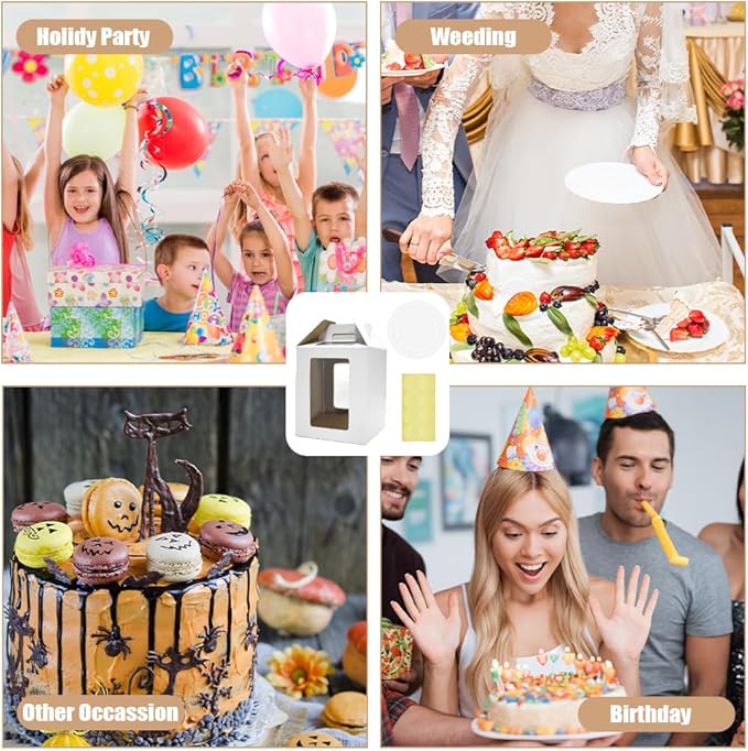 2 Pack Cake Boxes with Cake Boards and Cake Stickers, 12 Inch Tall Cake Carrier with Window&Handle, Layer Cake Box, Disposable Cake Containers/Carrier for Wedding Birthday