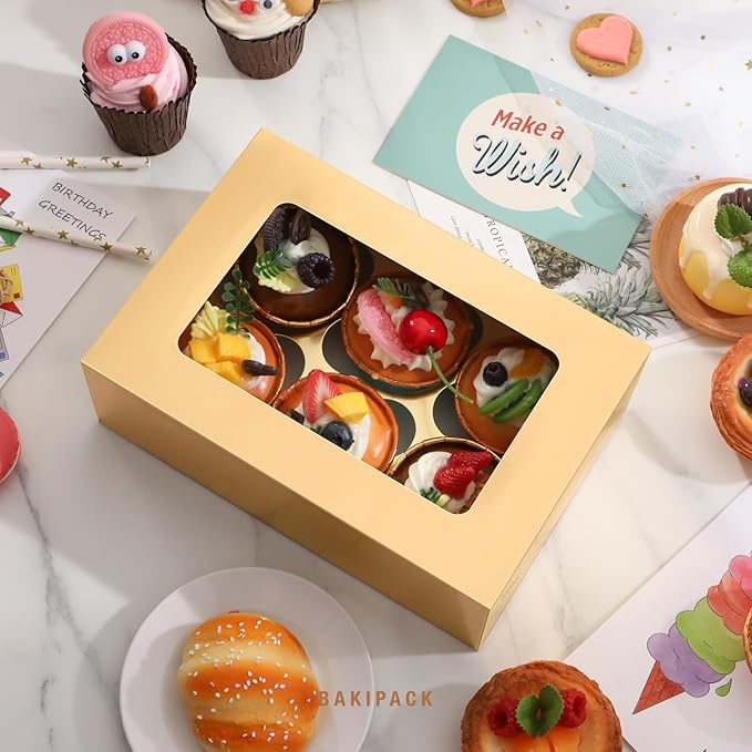 25 PCS Cupcake Boxes, Gold Cupcake Boxes 6 Count with Window and Inserts, Cupcake Holders for Cupcakes, Muffins, Cookies, Pastries
