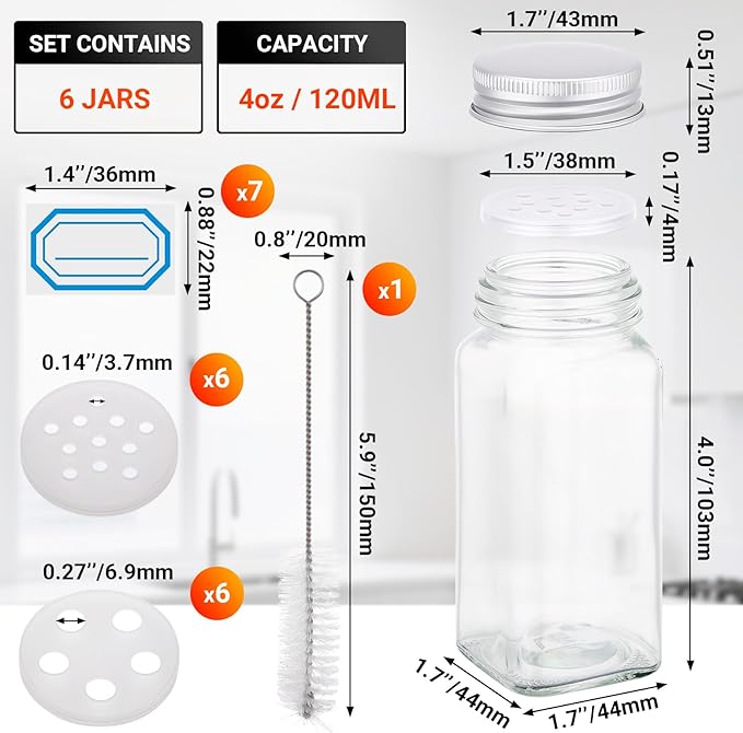 Segarty 4oz Spices Jars with Silver Aluminum Lid, 6 Pack Square Spice Containers, Empty Glass Seasoning Organizers for Condiments Storage, 120ml Small Salt and Pepper Shakers with 7 Stickers, 1 Brush