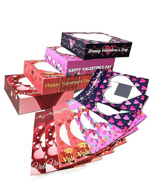 qiqee Auto-pop Up Valentine 30pcs Pie Boxes 10x10x2.5 inches Easy Assemble Macaroon Cookie Bakery Boxes with Window for Valentine's Day