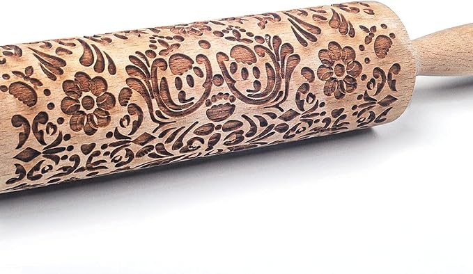 Christmas Wooden Embossing Rolling Pin - Engraved Snowflake Flower Design, Cookie Stamps Roller for Embossed Cookies, Cute Kitchen Decor DIY Baking Tool for Kids and Adults (Flower Plant)