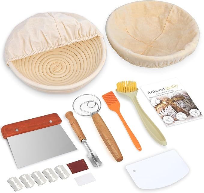 Banneton Bread Proofing Basket Set of 2 9 inch Round Dough Proofing Basket，Sourdough Starter Kit with Linen Liner, Lame, Dough Whisk,Complete Sourdough Bread Baking Supplies