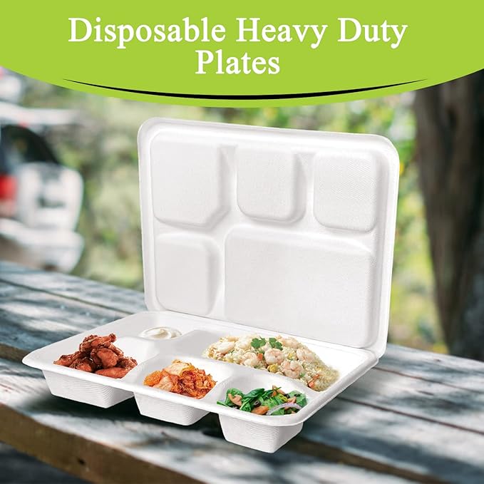 three leaf 5 COMPARTMENT MEAL TRAY WITH LID SET, 125 SETS. Heavy-Duty- Super Strong- Natural- Eco-Friendly Disposable Bagasse Tray with Plates, 100% Biodegradable Plates