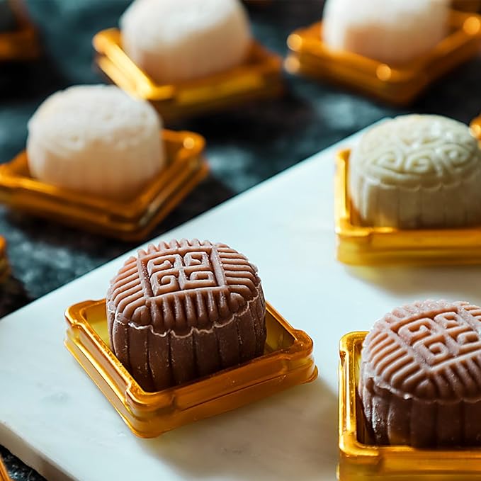 UPKOCH 50pcs Plastic Mini Cake Box, Square Moon cake Dome Cake Boxes, Golden Christmas Festival Wedding Birthday Packing Box, Size S, 2.16x1.85x1.57 inches
