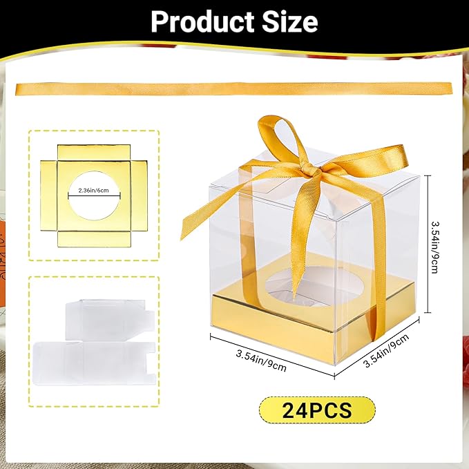 EUSOAR Individual Cupcake Wrappers, 24pcs 3.5 Inch Plastic Gold Cupcake Carrier with Ribbon and Inserts, Single Transparent Cupcake Holder Cake Containers with Lids for Wedding Birthday Party Favor