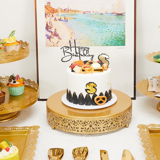 MTJYQTF Gold Cake Stand Set - Metal Round Cupcake Dessert Stand with Cake Cutting & Cake Spatula for Party, Candy Table Display for Wedding Birthday Baby Shower（12x12x2.4 IN） CS003-pan