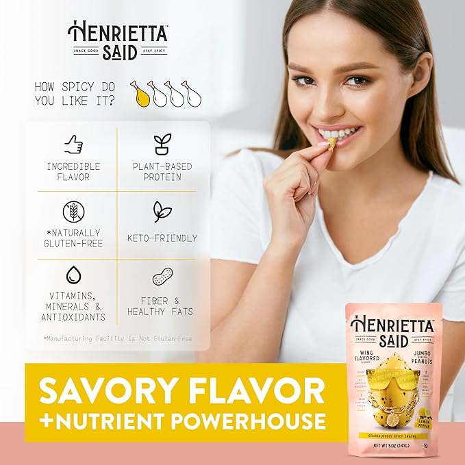 Henrietta Said Wing-Flavored Peanuts - Truly Good Foods Snacking Nuts - Bold Flavors - Savory & Spicy - Jumbo Flavored Peanuts - Protein Packed Vegan Snack - 4 (5-oz) Packs - Lemon Pepper