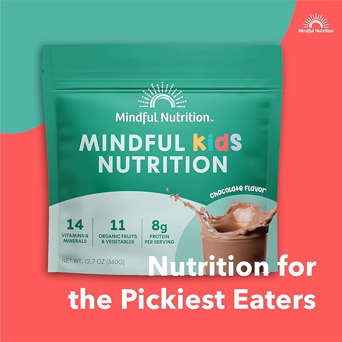 Mindful Nutrition Kids Protein Powder Shake Mix, Organic Fruit and Vegetable Green Superfoods, Vitamins, Minerals, Healthy Chocolate Milk Snack for Toddlers, Kids, Teens and Adults 12.7oz