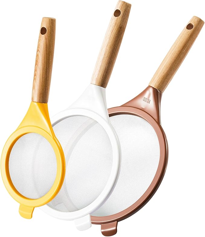Wood Handle Strainers Fine Mesh Set, 3 Pcs Stainless Steel Sifter for Baking, Plastic Colorful Mesh Strainer with Handle for Juice, Flour, Rice, Tea Straining- 3 Sizes