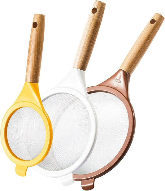 Wood Handle Strainers Fine Mesh Set, 3 Pcs Stainless Steel Sifter for Baking, Plastic Colorful Mesh Strainer with Handle for Juice, Flour, Rice, Tea Straining- 3 Sizes