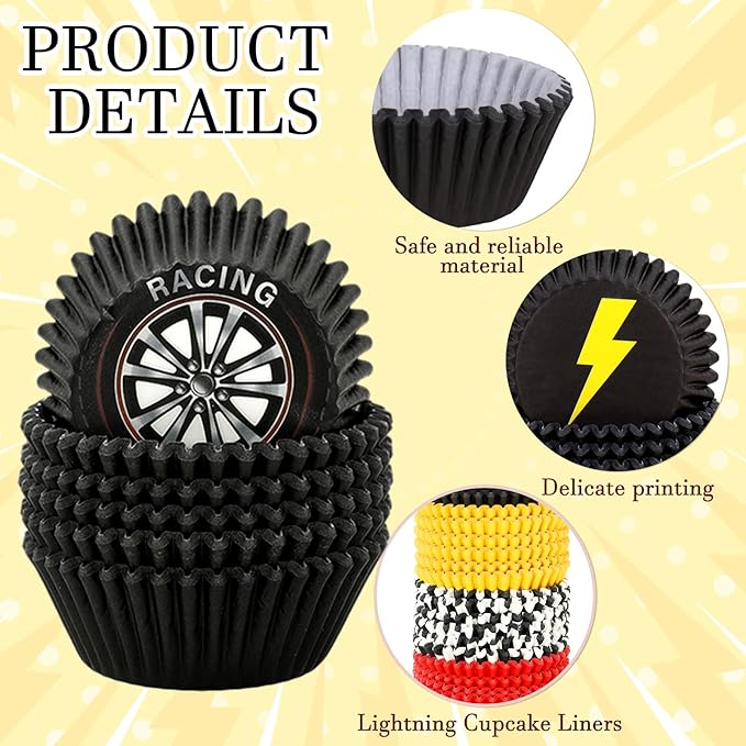 600 Pcs Race Car Cupcake Liner Paper Baking Cups Red Yellow Black White Checkered 4 Designs Muffin Liner Cake Storage Container for Birthday Party DIY Crafts Supplies, 2 x 1.2 Inch