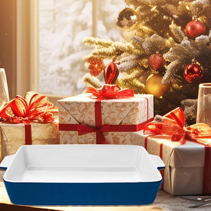 4 QT Baking Dish, Casserole Dishes for Oven, 9x13 Baking Pan with Handles, Lasagna Pan Deep, Ceramic Casserole Dish Oven Safe for Baking, Lasagna, Kitchen, Wedding Gift (Dark Blue)