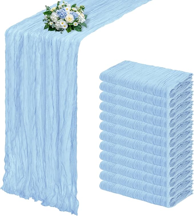 12 Pack Baby Blue Cheesecloth Table Runner 17x108 Inch Semi Sheer Boho Gauze Cheese Cloth Fabric Table Runners, for Wedding Party Baby Shower Birthday Home Decor Garden Farmhouse