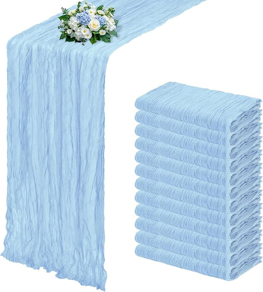 12 Pack Baby Blue Cheesecloth Table Runner 17x108 Inch Semi Sheer Boho Gauze Cheese Cloth Fabric Table Runners, for Wedding Party Baby Shower Birthday Home Decor Garden Farmhouse