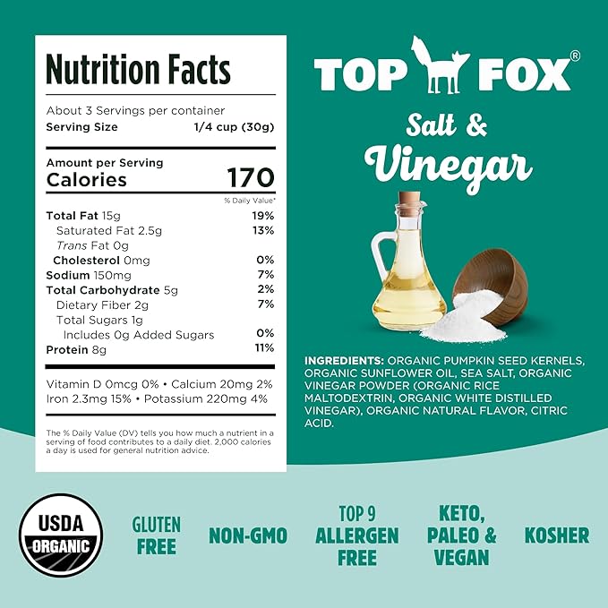 Top Fox Snacks Pumpkin Seeds to Eat (Salt & Vinegar, 3.5 oz – 2 Pack) - Gluten Free Snacks, Healthy Protein Snacks, Keto Friendly Snacks, Allergen Free Snacks, Paleo & Vegan - Organic Pop-Roasted