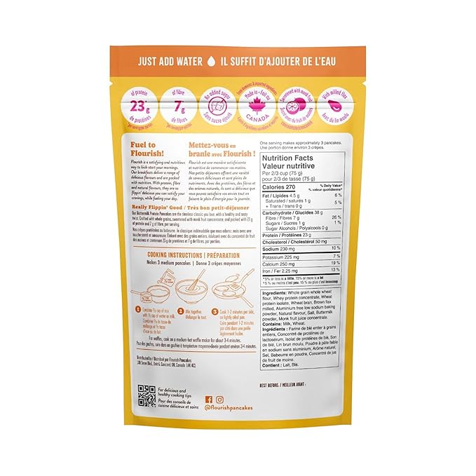 Flourish Protein Pancake & Waffle Mix, with Whey Protein & Flax Seed, No Added Sugar, High in Protein & Fiber - Just Add Water - Buttermilk Flavour, 430 g (2 Pack) - Made in Canada
