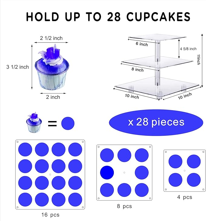 Cupcake Stand, 3-Tier Square Cupcake Holder with LED light String, Acrylic Cupcake Tower Display-Dessert Tower-Pastry Stand-Cupcake Tier Stand for Wedding, Birthday party ( Blue Light)