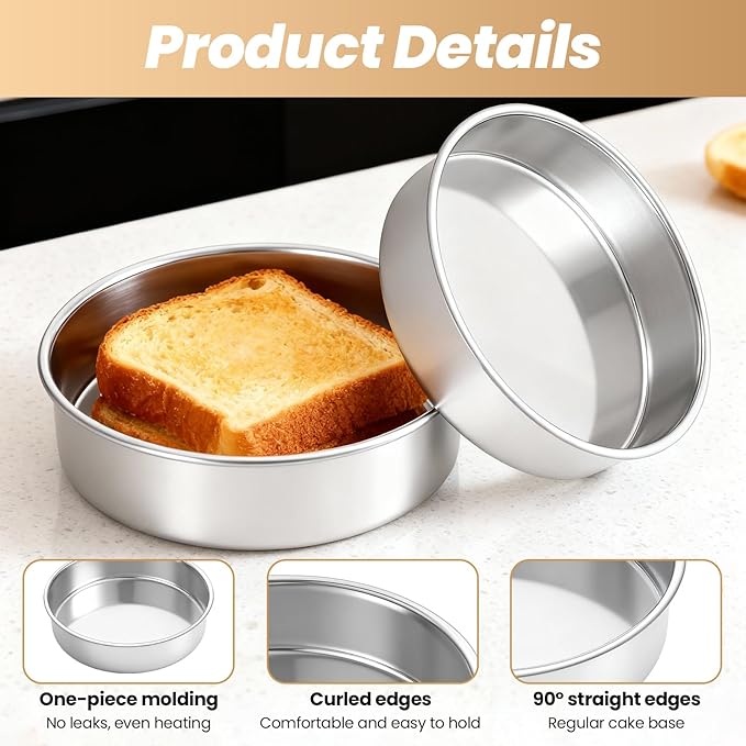 3 Pcs Round Cake Pans, 8 inch Stainless Steel Baking Pans for Birthday,Wedding,Party, Mirror Finish & Dishwasher Safe