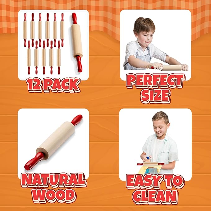 Mini Rolling Pin 7.5 Inch (Pack of 12) Set for Play Dough Accessories Small Rolling Pin For Dough - Wood Kids Pins with Handles for Foods, Accessories