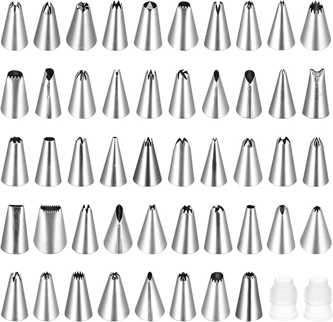 50Pcs Cake Tips for Decorating, 48 Different Patterns Stainless Steel Cake Decorating Tips and 2 Reusable Plastic Coupler for Cake & Cupcake Cookies Decorating, Cake Piping Tips Set