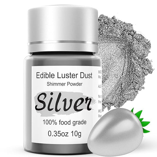 Silver Luster Dust Edible Glitter for Cakes Cocktails – 10g Colaele Edible Shimmering Dust for Chocolates, Metallic Food Coloring Powder for Cake Decorating Edible Glitter for Drinks, No Gluten,Vegan