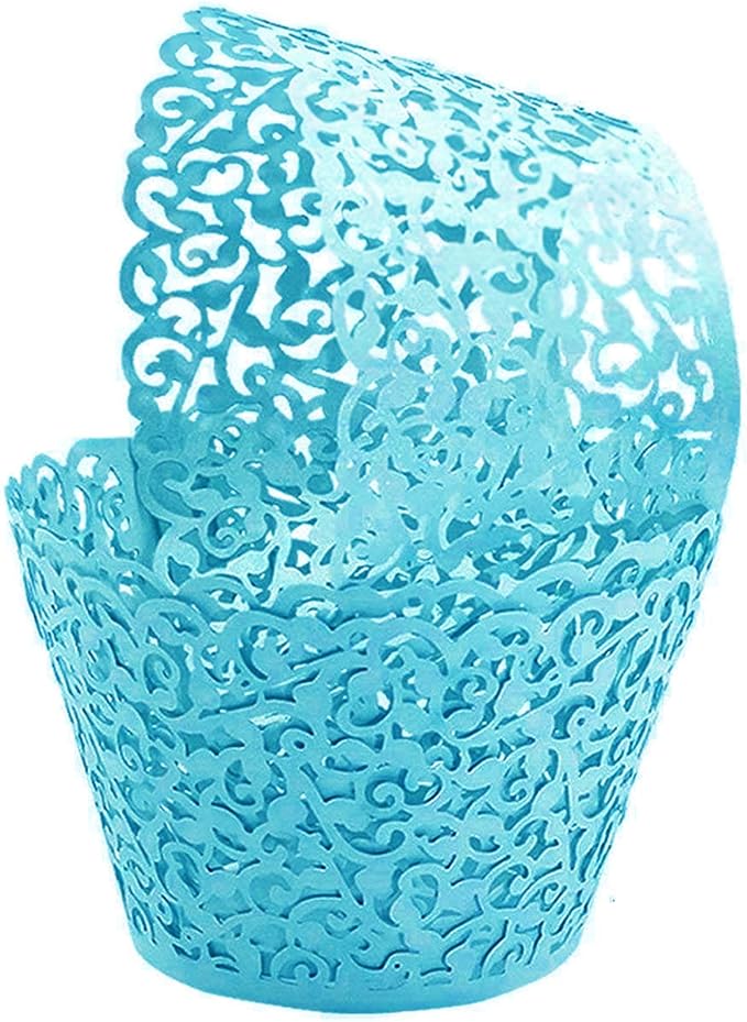 GOLF 100Pcs Cupcake Wrappers Artistic Bake Cake Paper Filigree Little Vine Lace Laser Cut Liner Baking Cup Wraps Muffin CaseTrays for Wedding Party Birthday Decoration (Blue)