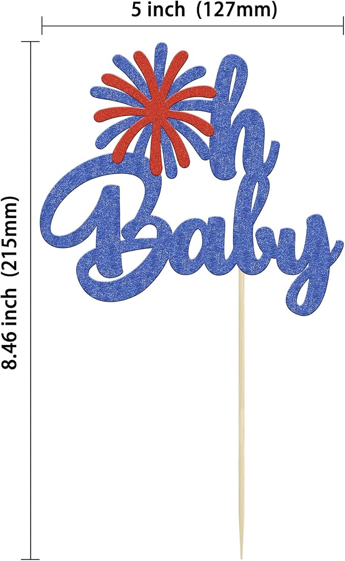 1Pc Happy Independence Day Oh Baby Cake Topper Glitter Firework Happy 4th of July Babyshower Cake Decorations for Independence Day Theme Party Cake Decorations Supplies