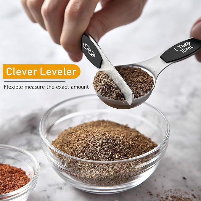Measuring Cups and Magnetic Measuring Spoons Set, Wildone Stainless Steel 8 Measuring Cups, 7 Double Sided Stackable Magnetic Measuring Spoons, 1 Leveler & 5 Mini Spoons - 21 Piece Black