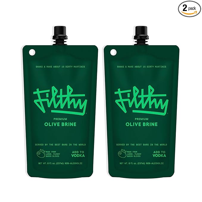 Filthy Olive Brine, Premium Cocktail Mixer, Filtered for Dirty Martinis, Olive Juice for Cocktails Made from Naturally Cured Olives, Non-Alcoholic, Non-GMO, Gluten Free, 8 Oz Pouch, 2 Pack