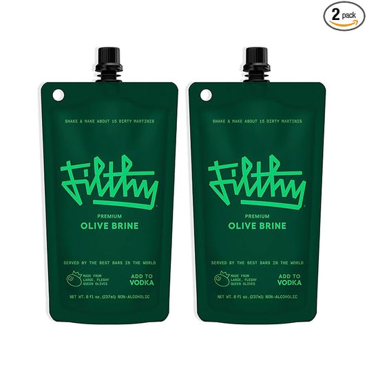 Filthy Olive Brine, Premium Cocktail Mixer, Filtered for Dirty Martinis, Olive Juice for Cocktails Made from Naturally Cured Olives, Non-Alcoholic, Non-GMO, Gluten Free, 8 Oz Pouch, 2 Pack