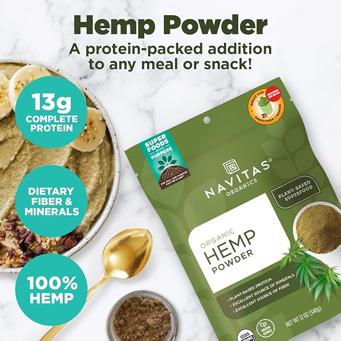 Navitas Organics Hemp Powder – Vegan Protein, Fiber & Minerals – for Smoothies, Oatmeal, Baking, Bars & More – Cold-Pressed – USDA Organic, Non GMO, Kosher, Gluten Free (12oz. Bag, 11 Servings)