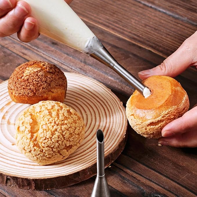 6 PCS Cream Icing Piping Nozzle Tip Stainless Steel Long Cream Puff Piping Tips Cake Decorating Tools Multipurpose Pastry Piping for Small Pastries Puffs Cupcakes Filling Donuts Other Pastries