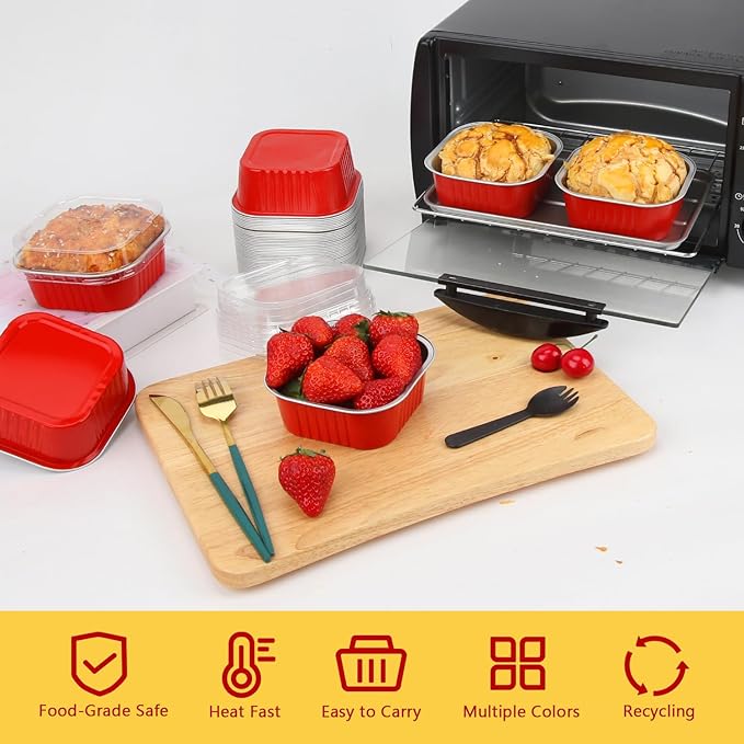 LNYZQUS 10oz/80pack Mini Cake Pans with Lids, 4”X4” Small Cake Pan Foil Brownie Muffin Tins, Square Disposable Baking Cups Dessert Cheesecake Containers for Christmas-Red