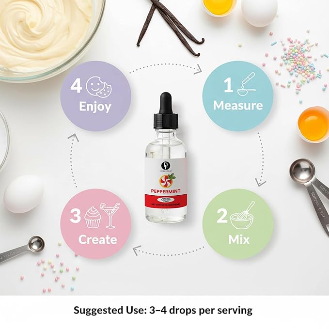 Dolce Flav Natural Peppermint Extract – 2 Ounce Oil-Soluble Kosher, Sugar-Free, Concentrated Pure Mint Flavor for Hard Candy, Chocolates & Baking, Includes Measured Dropper