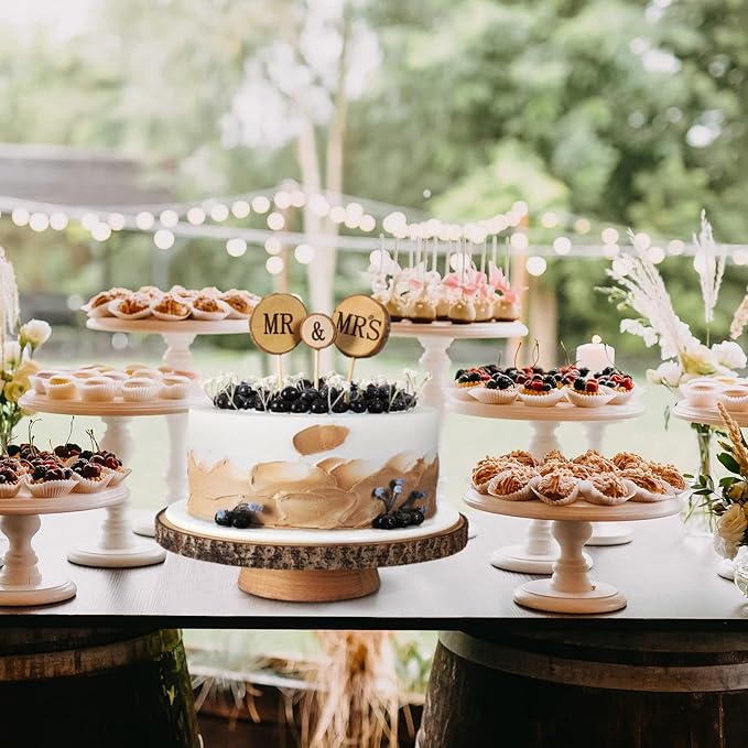 12” Wood Cake Stand with Wooden Slice Cake Topper and Cake Cutting Set, Suitable for Wedding Receptions or Any Special Events