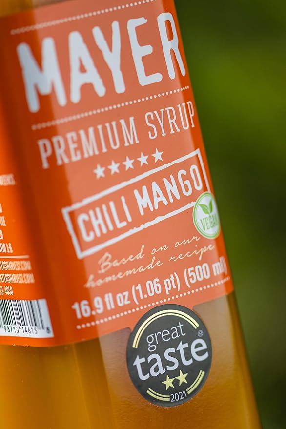 Mayer Premium Chili Mango Syrup – Award-Winning Organic Fruit Syrup, Over 50% Real Fruits, All Natural, Vegan, Gluten-Free – Ideal for Cocktails, Coffee, Desserts, Cocktails (16.9 oz)
