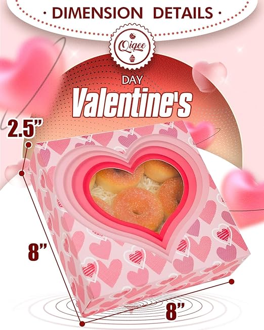 qiqee Auto-pop Up Valentine Pastry Box with Window 8x8x2.5 inch Donut Pie Boxes 12pcs Bakery Box for Valentine''s Day