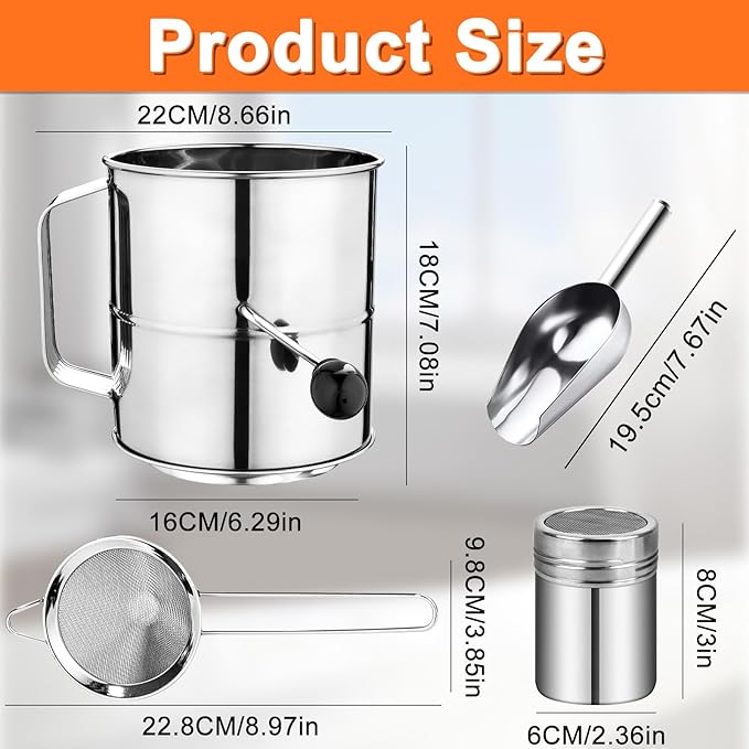 Flour Sifter, 8 Cup Stainless Steel Flour Sifters, 4 in 1 Baking Sifter Set with Powder Sugar Shaker Duster, Strainers Fine Mesh and Metal Scoop for Baking Cake, Pastries, Pies, Cupcakes, Desserts