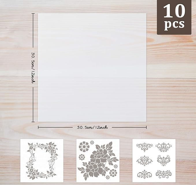 ilauke 10 Pieces 7.5mil Stencil Vinyl Sheets, 12x12inch Blank Mylar Stencil Sheets, Milky Translucent PET Stencil, Clear Mylar Template for Cricut Cutting Machine, Make Your Own Stencils Sheets