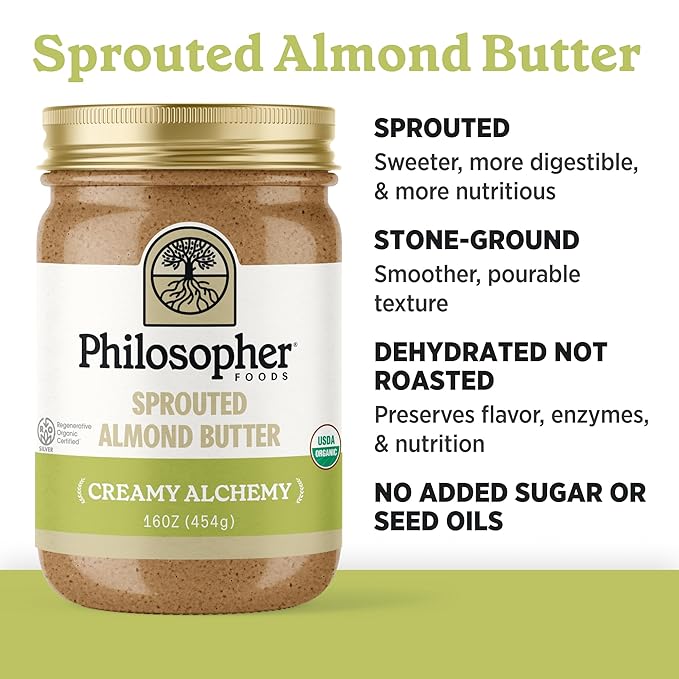 Philosopher Foods - Creamy Alchemy Organic Sprouted Almond Nut Butter - 16 oz - Stone Ground Regenerative Organic Creamy Almond Butter with Coconut Oil, Vanilla, and Ancient Seabed Salt