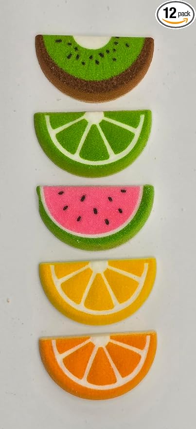 Fruit Slice Shapes - Lemon, Lime, Orange, Watermelon and Kiwi Edible Sugar Cake Toppers, 12 Count